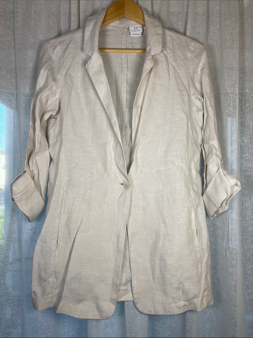 Halston Heritage Neutral Cream Single-Button Linen-Blend Blazer